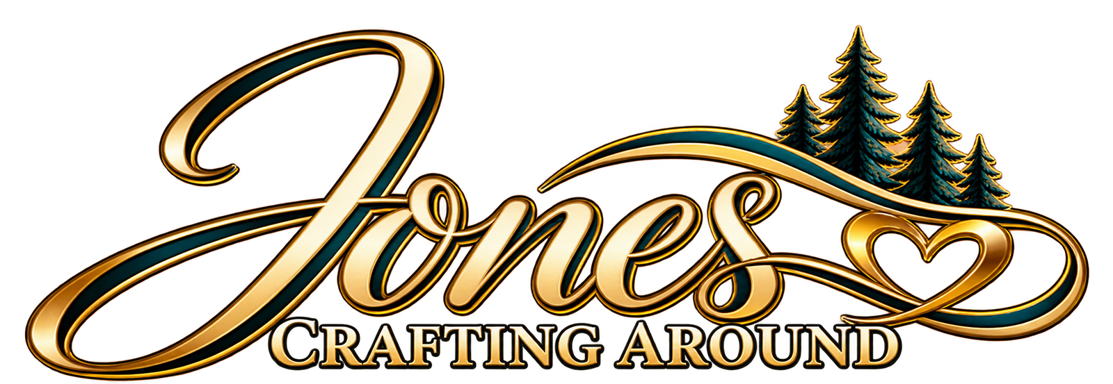 Jones Crafting Around gold horizontal logo with trees and heart