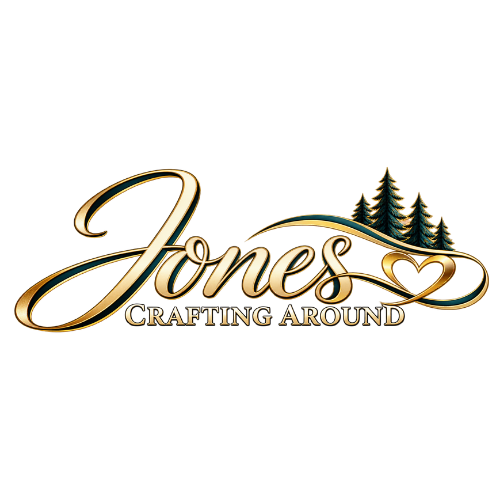 Jones Crafting Around gold logo with evergreen trees and teal accents